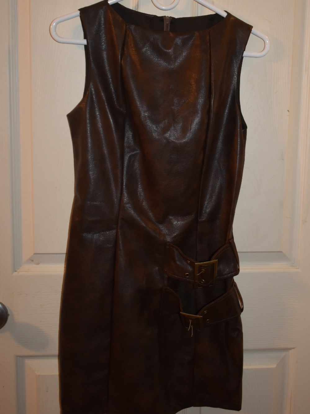 SHEIN Brown Faux Leather Dress with Buckle Details